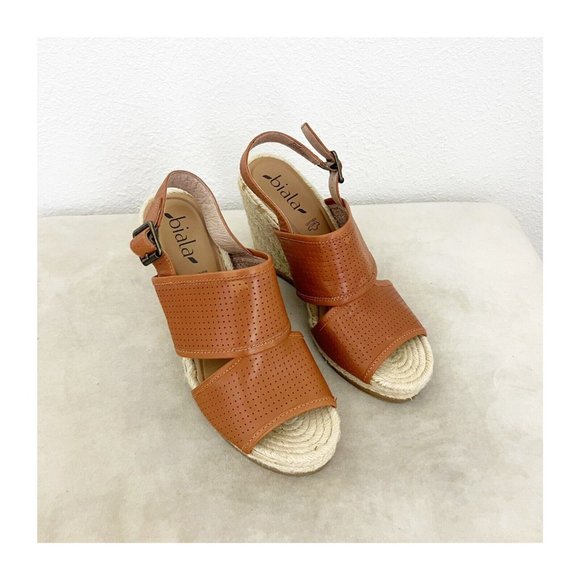 Biala Brown Leather Espadrille Slingback Sandal Wedges - Picture 1 of 6
